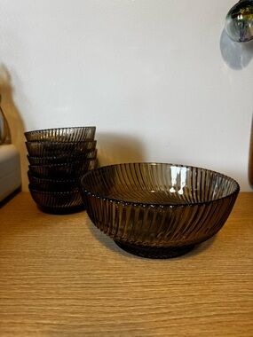 Smoked Glass Ribbed Serving Bowl and Bowl Set - Home Dining